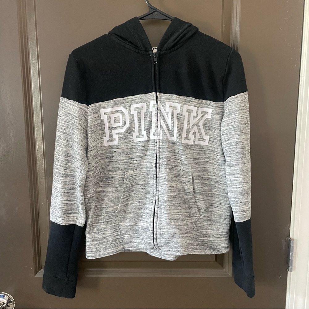 PINK Victoria's Secret Black and Gray Colorblock Zip Hoodie White Logo Size S